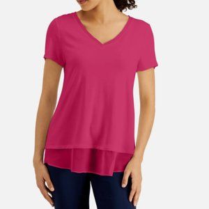 JM Collection V-Neck Sheer-Hem T-Shirt in Pink Peacock